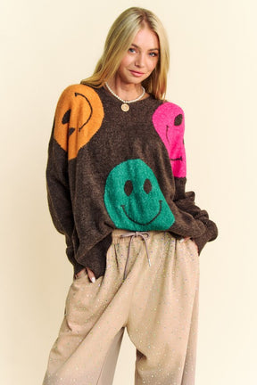 Davi & Dani Contrast Smile Round Neck Oversize Sweater-True and Wild