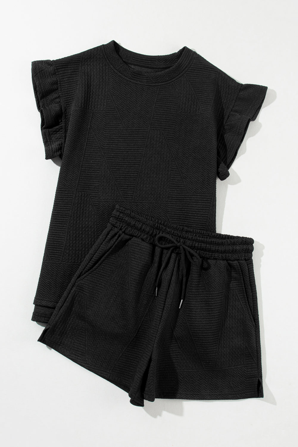 Black Textured Ruffle Split Top And Drawstring Shorts Set-True and Wild