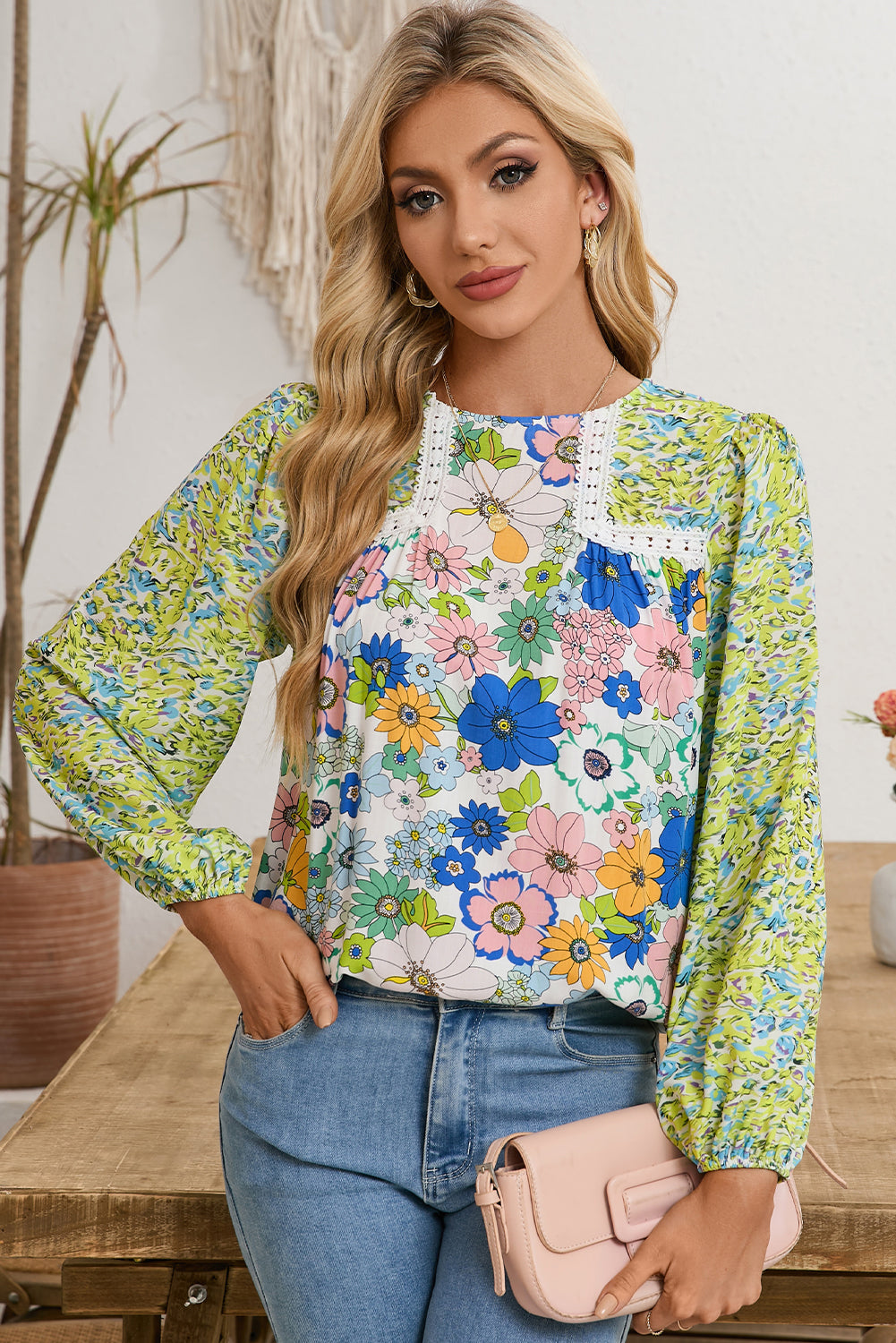 Green Bubble Sleeve Lace Detail Mixed Floral Blouse-True and Wild