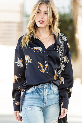 Black Animal Print Button Up Satin Shirt-True and Wild