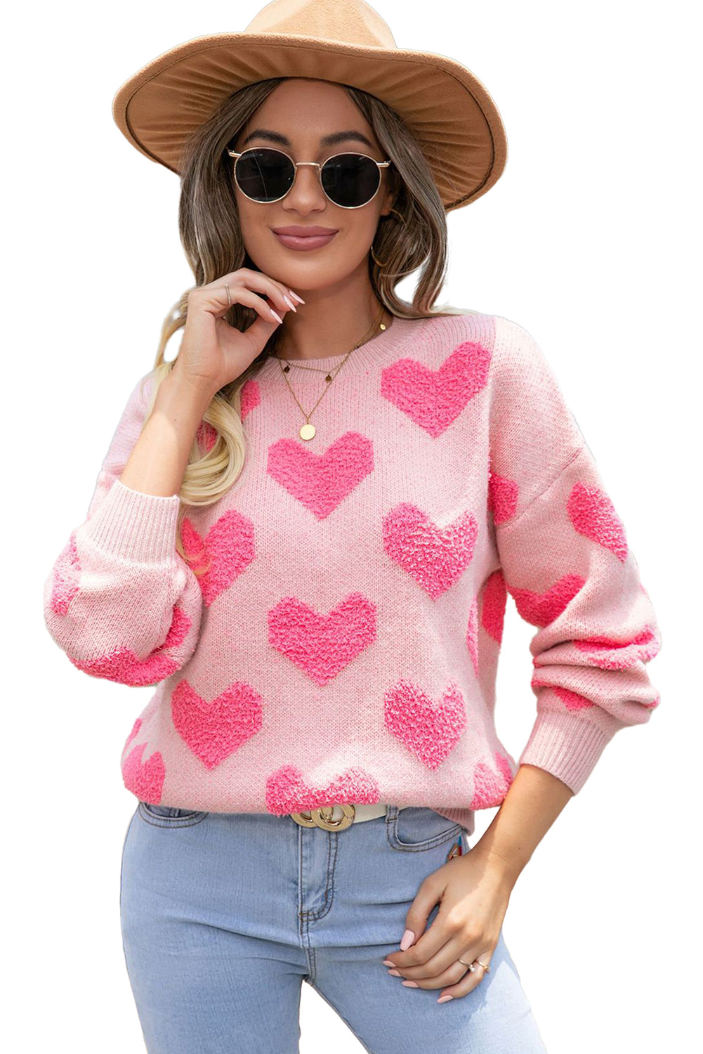 Light Pink Valentines Day Heart Jacquard Knit Sweater-True and Wild