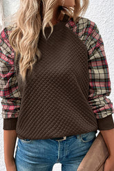 Brown Plaid Print Waffle Quilted Raglan Sleeve Sweatshirt-True and Wild