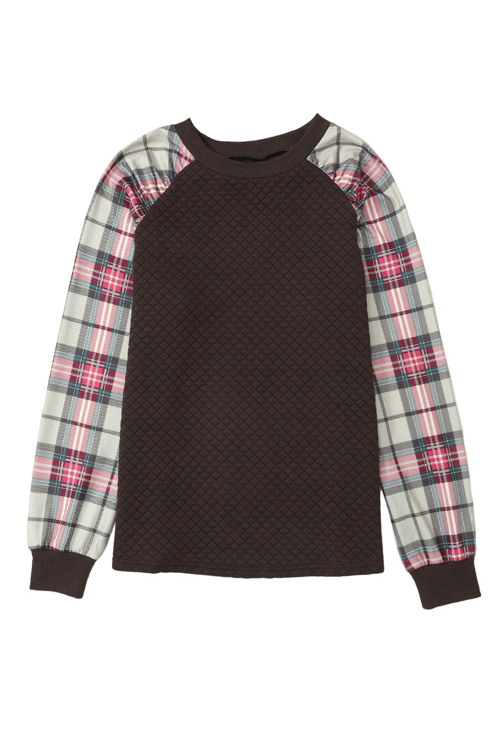 Brown Plaid Print Waffle Quilted Raglan Sleeve Sweatshirt-True and Wild