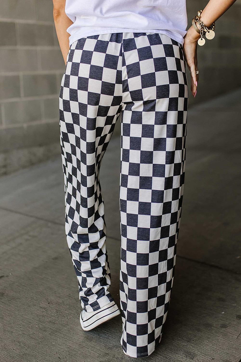 Black Checkered Print High Waist Wide Leg Pants-True and Wild