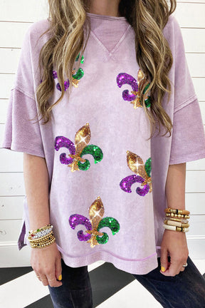 Orchid Petal Mardi Gras Graphic Drop Sleeve Round Neck Top