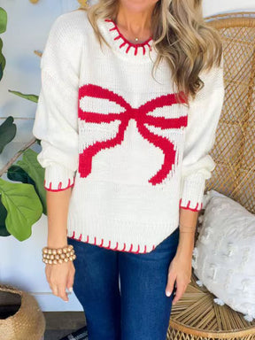 Bow Round Neck Long Sleeve Sweater-True and Wild