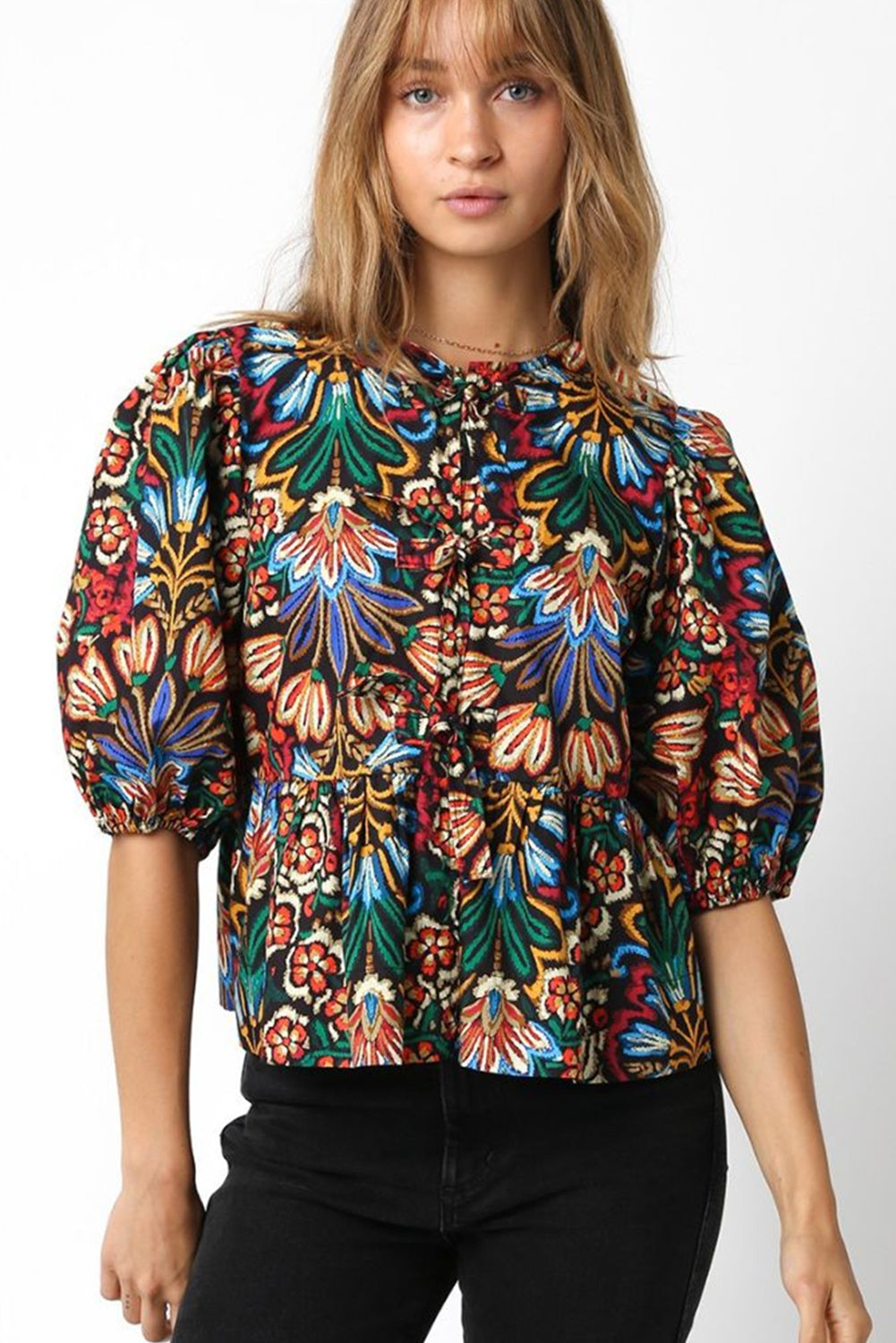 Black Bohemian Tropical Print Front Tie V-Neck Bubble Sleeve Blouse