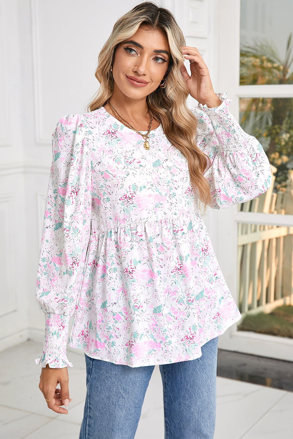 Pink Floral Print Shirred Cuffs Keyhole Back Babydoll Blouse-True and Wild