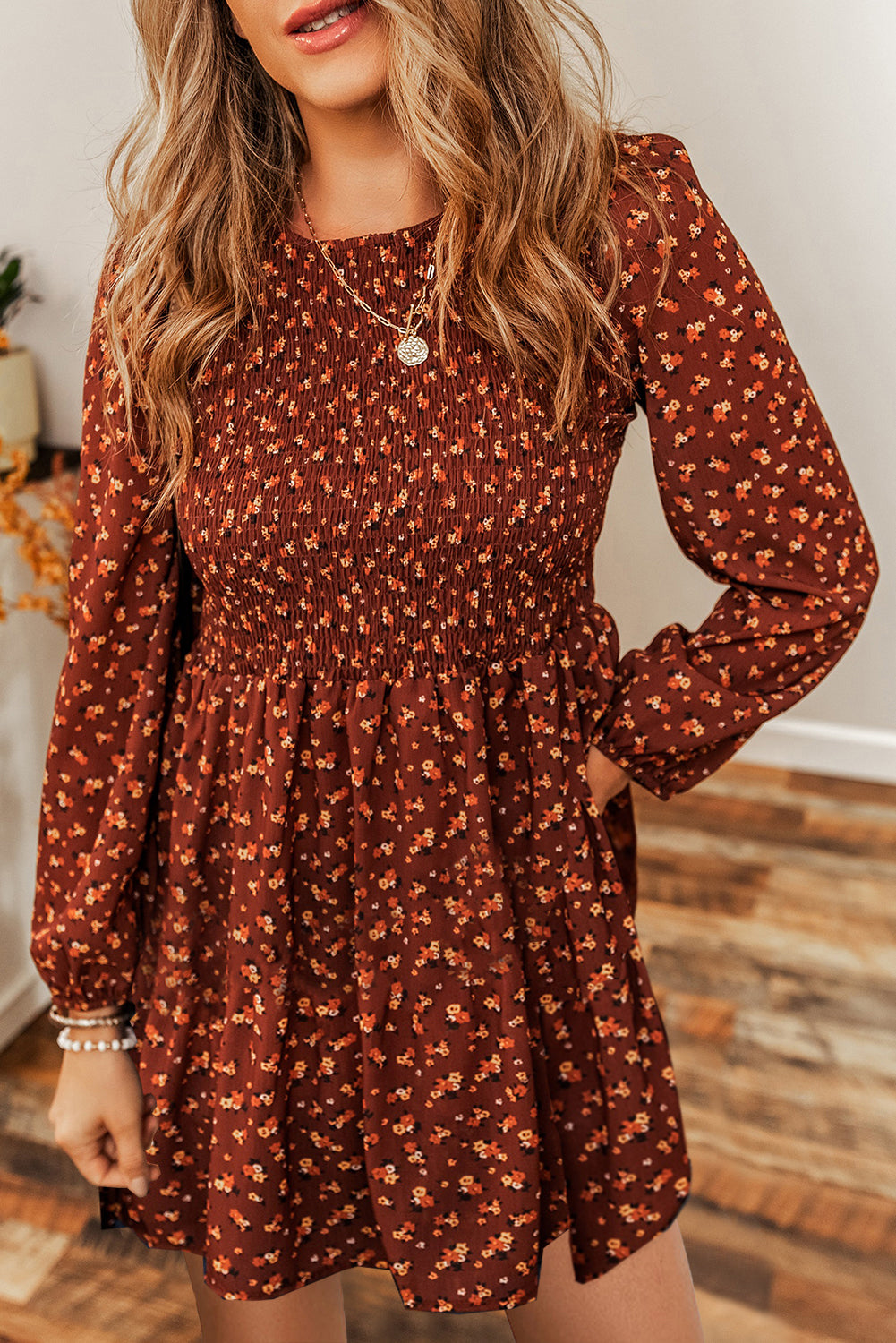 Brown Ditsy Floral Smocked Puff Sleeve Mini Dress-True and Wild