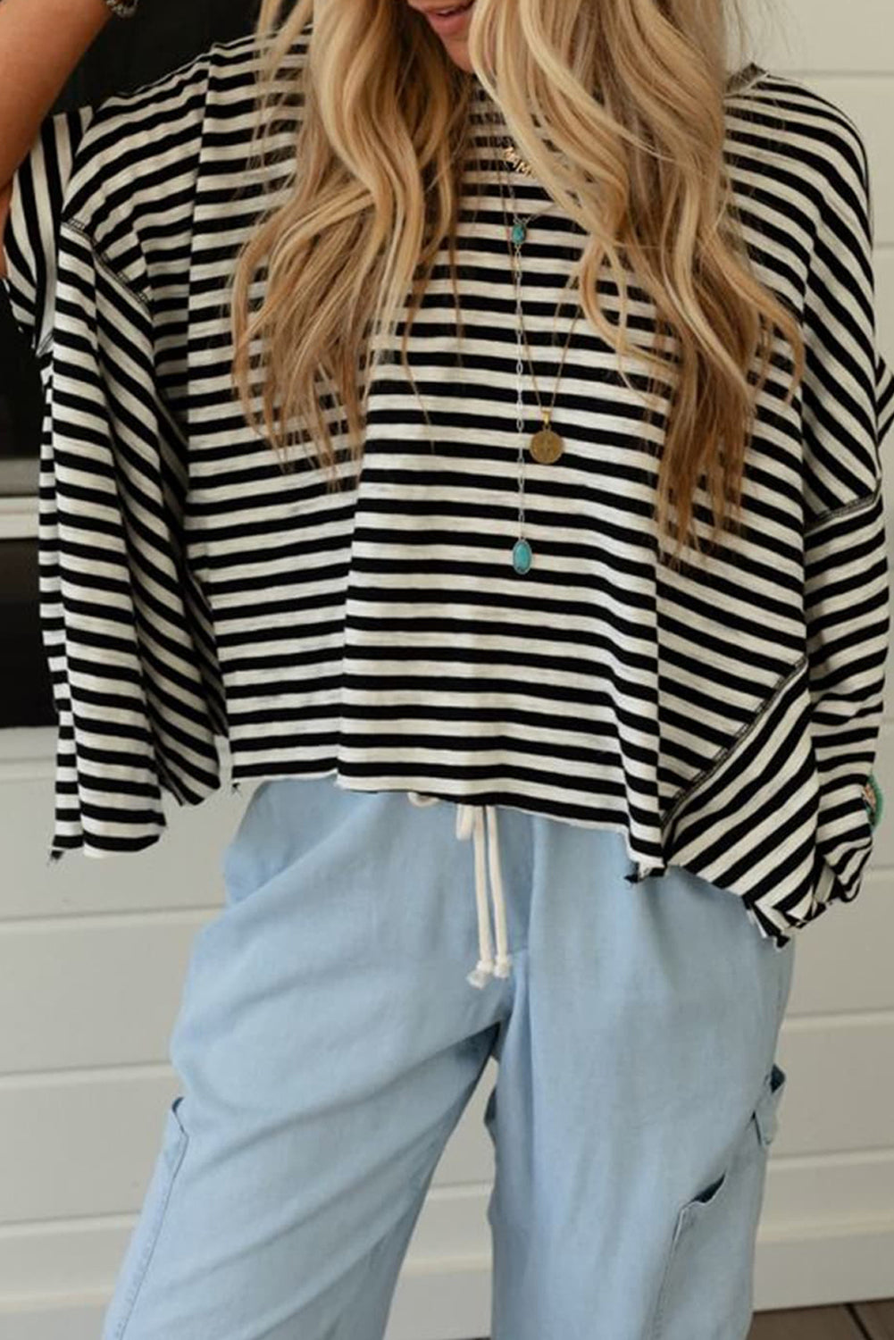 Black Striped Batwing Sleeve Oversized Top-True and Wild