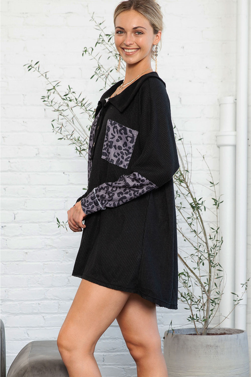 Black Waffle Knit and Leopard Print Color Block Oversized Henley Shirt-True and Wild