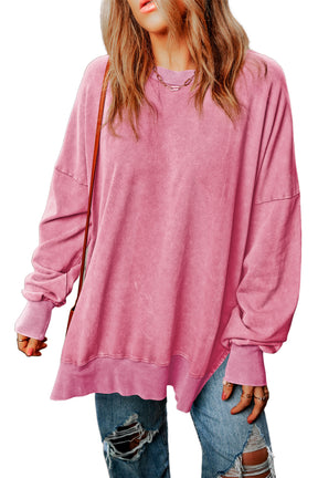 Pink Plain Drop Shoulder Ribbed Trim Oversized Sweatshirt-True and Wild