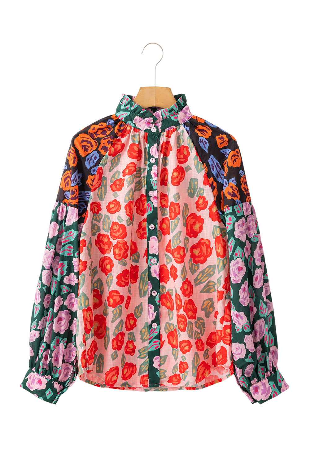 Red Colorblock Floral Print Puff Sleeve Shirt-True and Wild