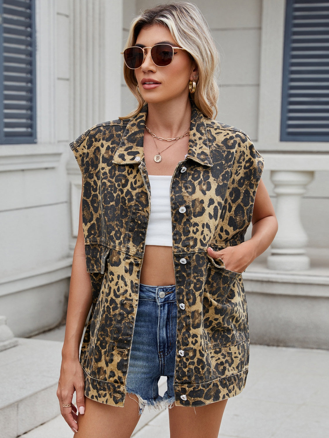 Leopard Buttton Up Denim Vest-True and Wild