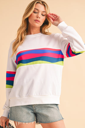 Green Colorful Striped Round Neck Long Sleeve Top