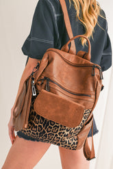 Coffee Leopard Patchwork PU Leather Functional Backpack-True and Wild