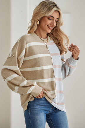 Light Beige Striped Colorblock Drop Shoulder Sweater-True and Wild