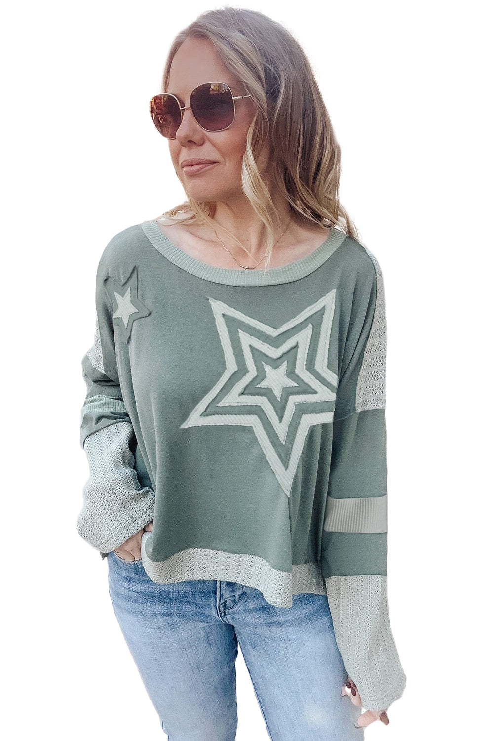 Mist Green Stars Patchwork Round Neck Plus Size Top-True and Wild