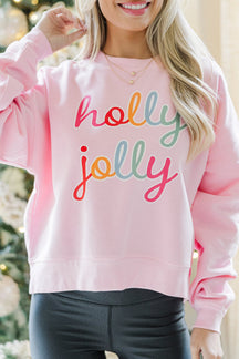 Pink holly jolly Printed Round Neck Sweatshirt-True and Wild