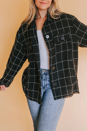 Black Plaid Button Up Shirt Shacket with Flap Pockets-True and Wild