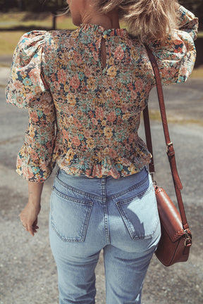 Yellow Floral Print Bubble Sleeve Smocked Crop Top