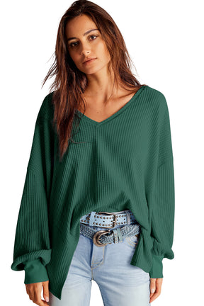 Blackish Green Waffle V Neck Drop Shoulder Loose Top-True and Wild