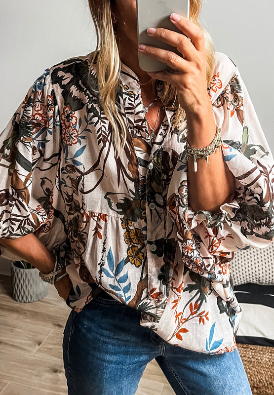 Printed Notched Flounce Sleeve Blouse-True and Wild