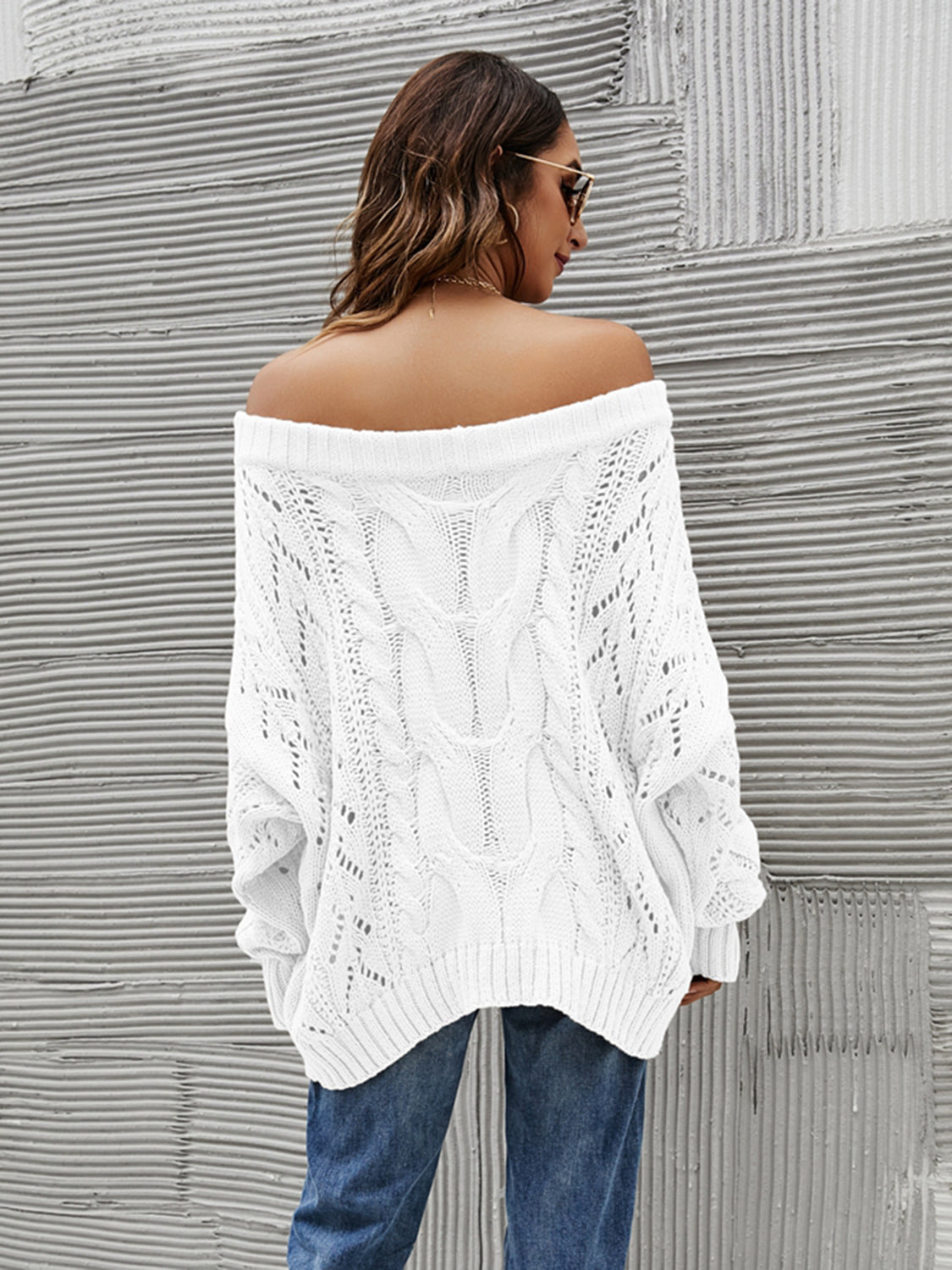 Cable Knit Openwork Off-Shoulder Sweater-True and Wild