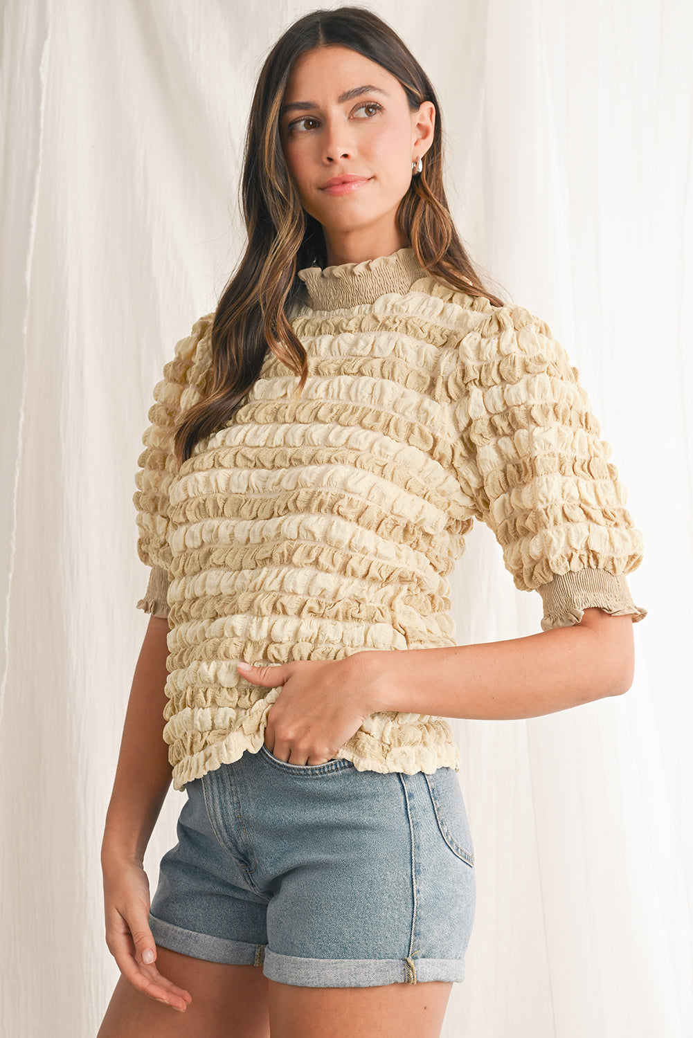 Beige Textured Frill Trim Smocked Puff Sleeve T Shirt-True and Wild