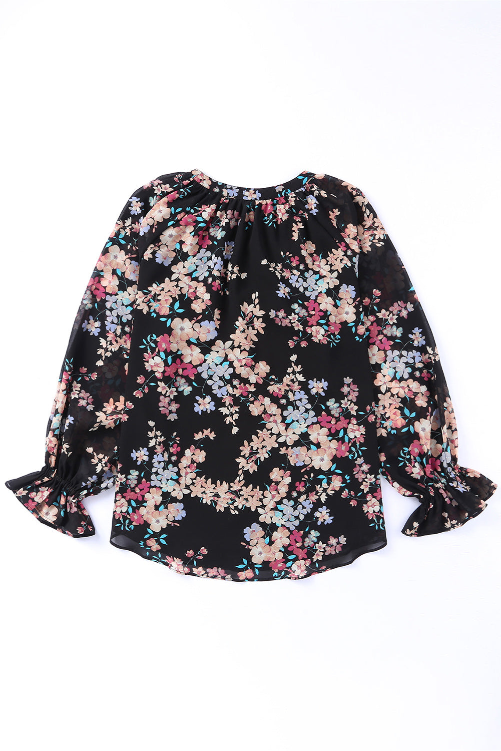 Black Floral Boho Chiffon Peasant Sleeve Blouse-True and Wild