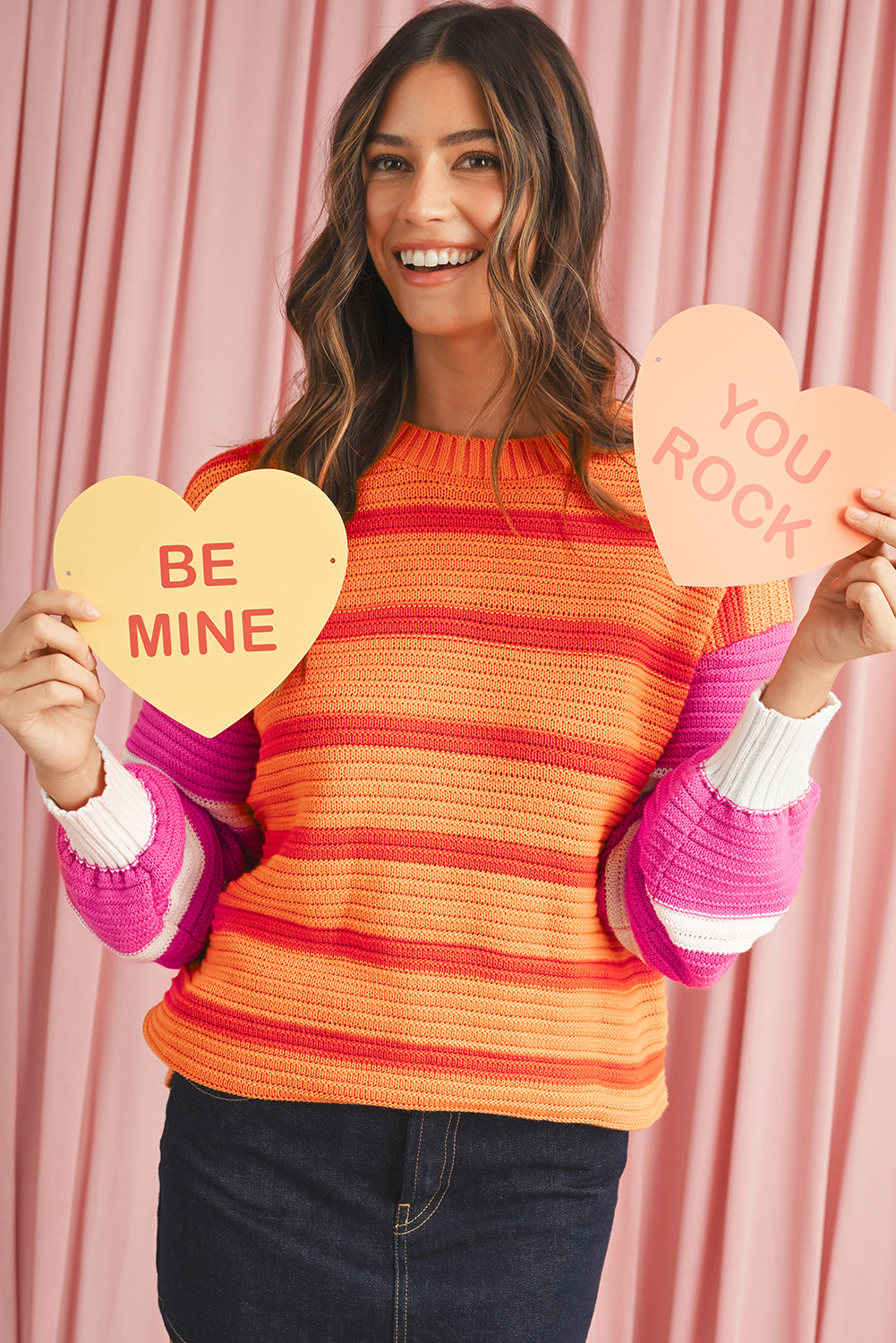 Orange Striped Colorblock Puff Sleeve Sweater-True and Wild