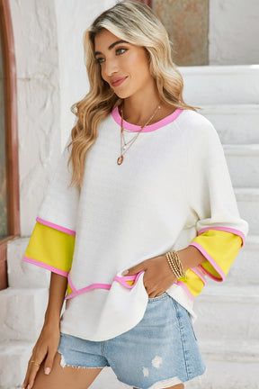 White Colorblock 3/4 Sleeve Relaxed Top